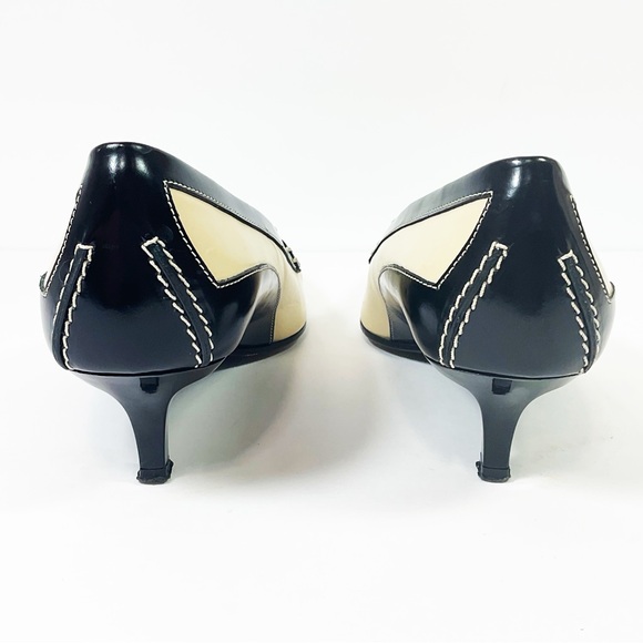 Vintage Tod's Black & Beige Leather Kitten Heels Penny Loafers Shoes - Picture 5 of 8